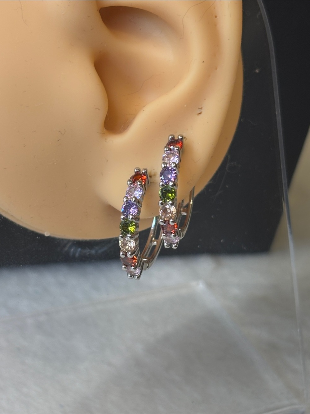 AAA CZ Multi Color Oval Hoop 18k White Gold Filled Earrings